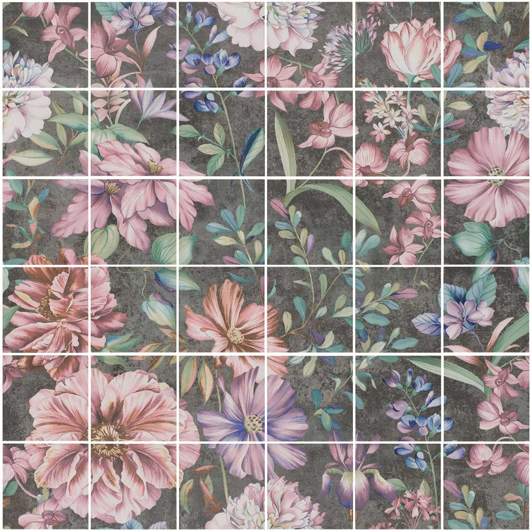 Angela Harris 8" x 8" Pink and Gray Porcelain Floral Wall Tile