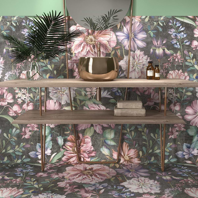 Angela Harris 8" x 8" Pink and Gray Porcelain Floral Wall Tile