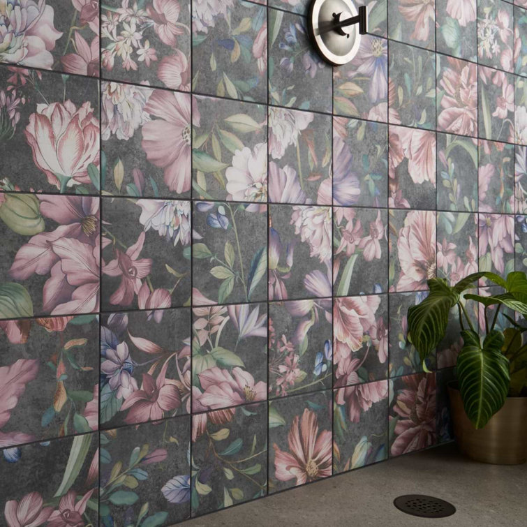Angela Harris 8" x 8" Pink and Gray Porcelain Floral Wall Tile
