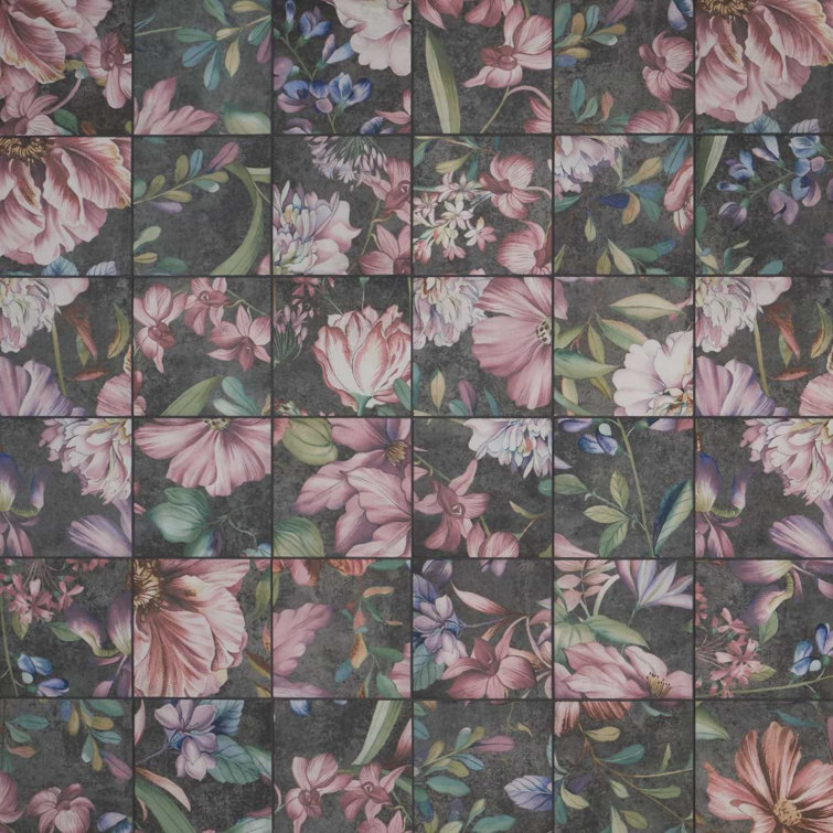 Angela Harris 8" x 8" Pink and Gray Porcelain Floral Wall Tile