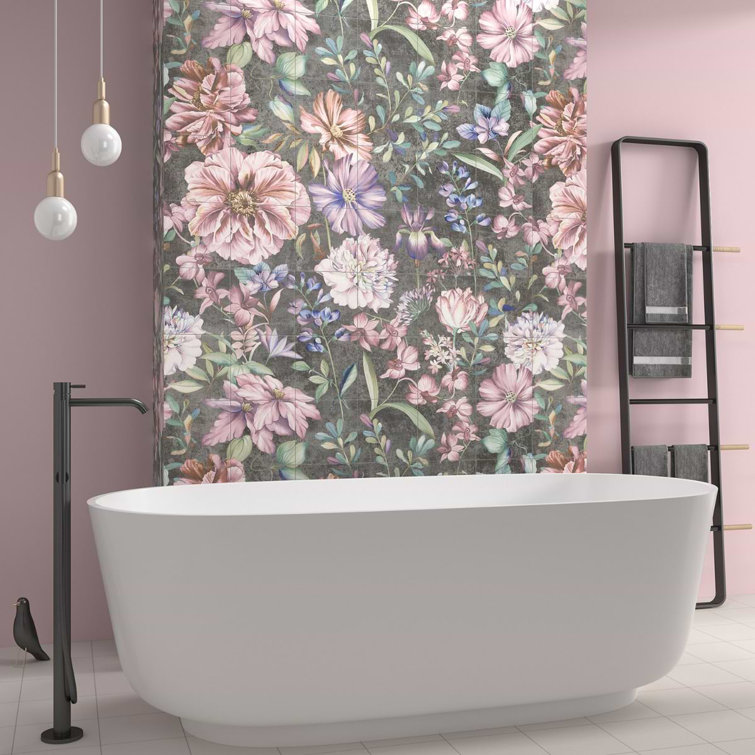 Angela Harris 8" x 8" Pink and Gray Porcelain Floral Wall Tile