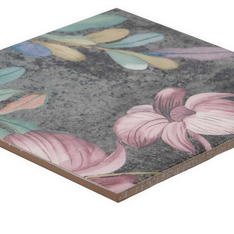 Angela Harris 8" x 8" Pink and Gray Porcelain Floral Wall Tile