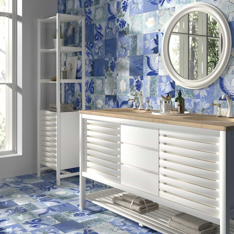 Angela Harris Blue and White Floral Porcelain Wall Tile