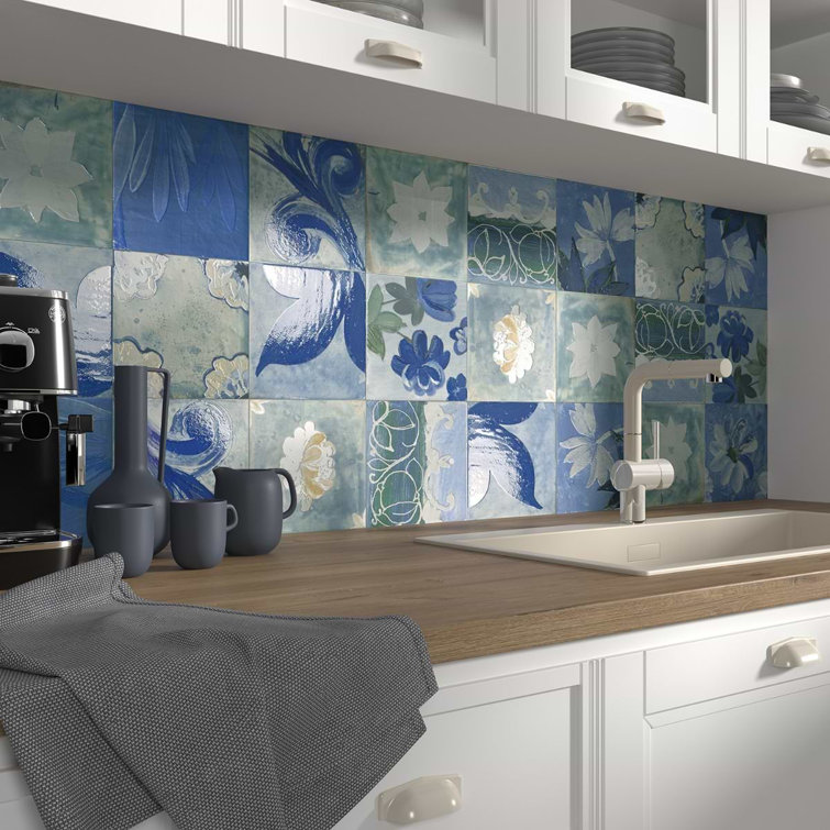 Angela Harris Blue and White Floral Porcelain Wall Tile