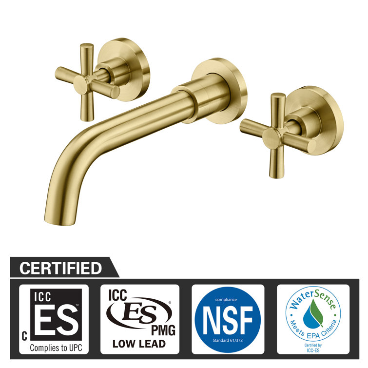 Brushed Brass Wall Mount Bathroom Faucet with Cross Handles