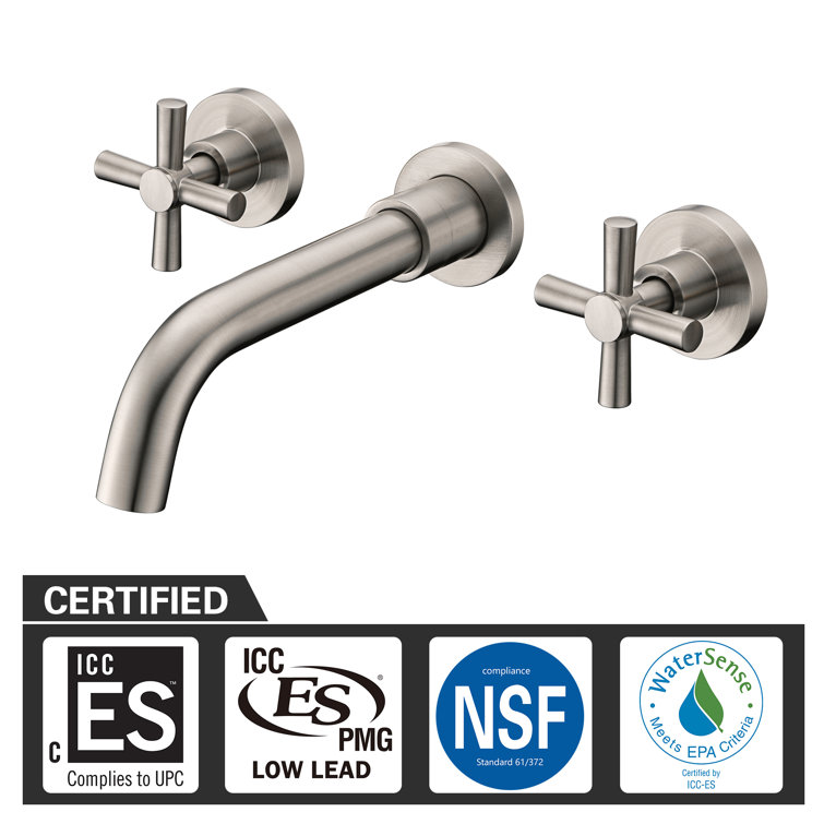 Brushed Nickel Wall-Mounted Bathroom Faucet with Cross Handles