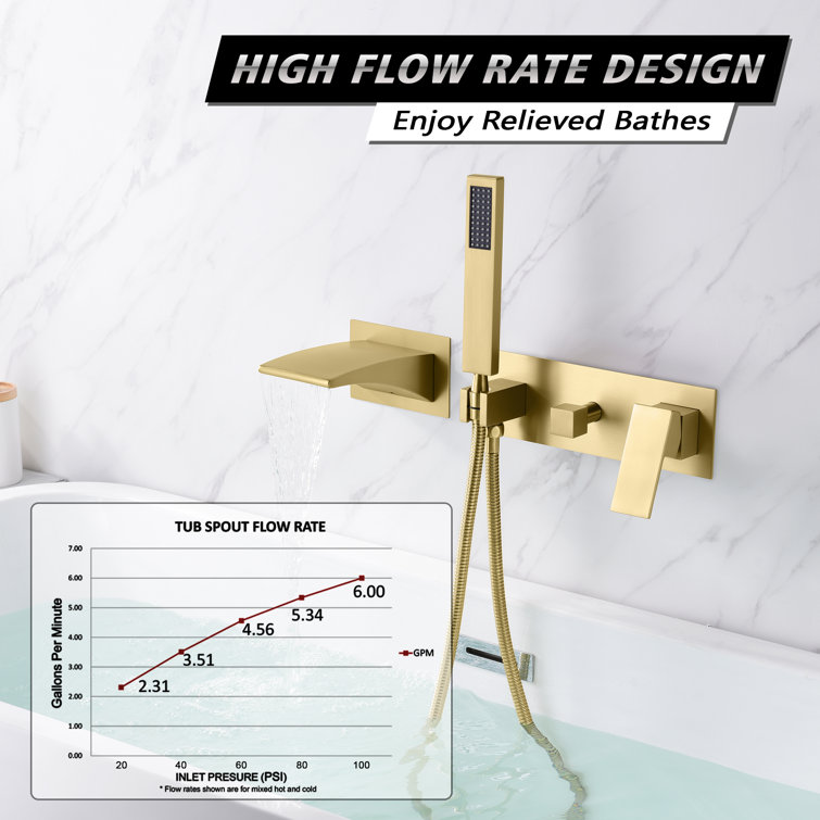 Brushed Gold Wall Mount Waterfall Tub Faucet with Hand Shower
