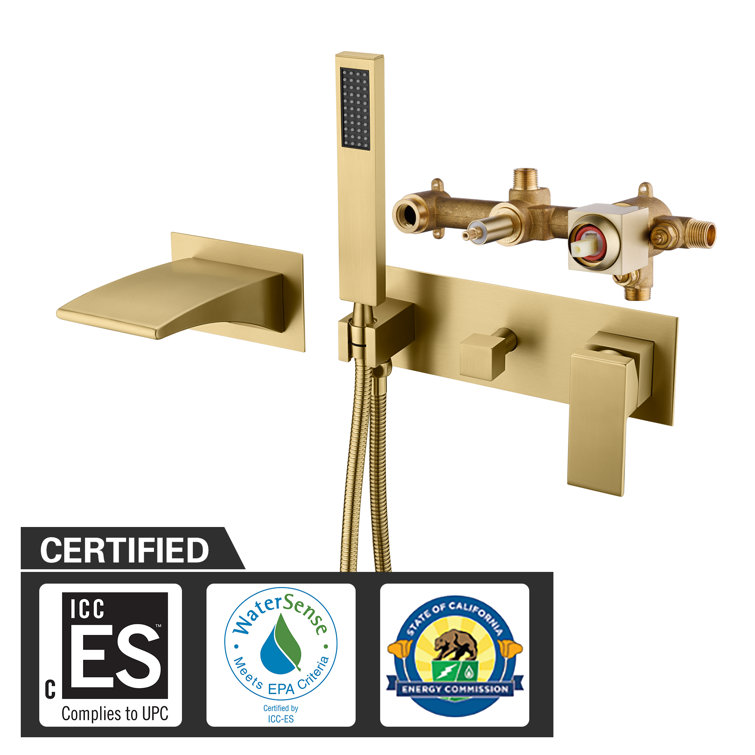 Brushed Gold Wall Mount Waterfall Tub Faucet with Hand Shower