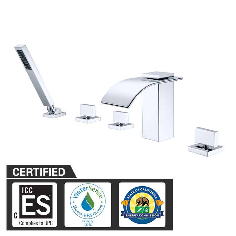 Chrome Waterfall Deck Mount Roman Tub Faucet with Handheld Shower