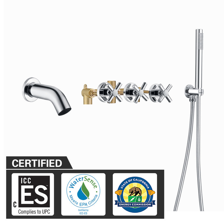 Chrome Wall Mount Triple Handle Tub Faucet with Handheld Shower