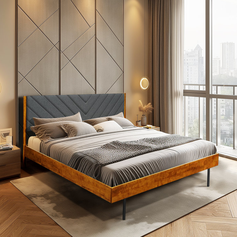 Caramel Solid Wood Queen Bed Frame with Gray Upholstered Headboard