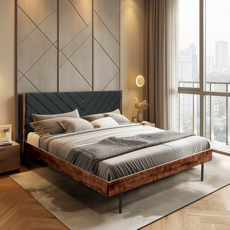 Caramel Solid Wood Queen Bed Frame with Gray Upholstered Headboard