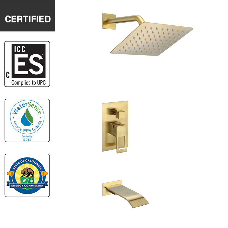 Brushed Gold Wall Mounted Rain Shower System with Square Head