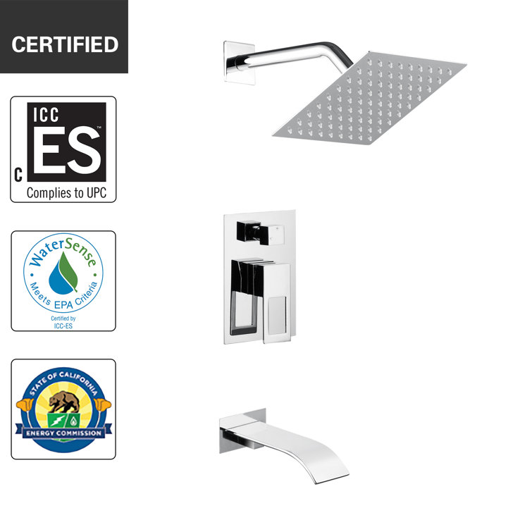Chrome Square Rain Shower System with Wall Mounted Tub Faucet