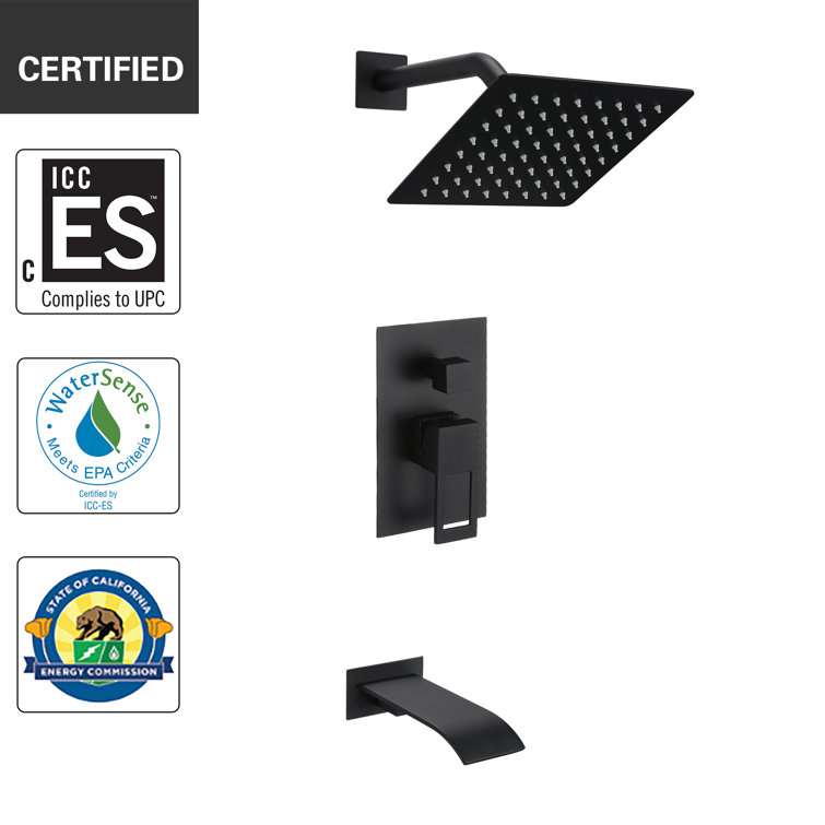 Matte Black Wall Mounted Rain Shower System with Waterfall Tub Spout