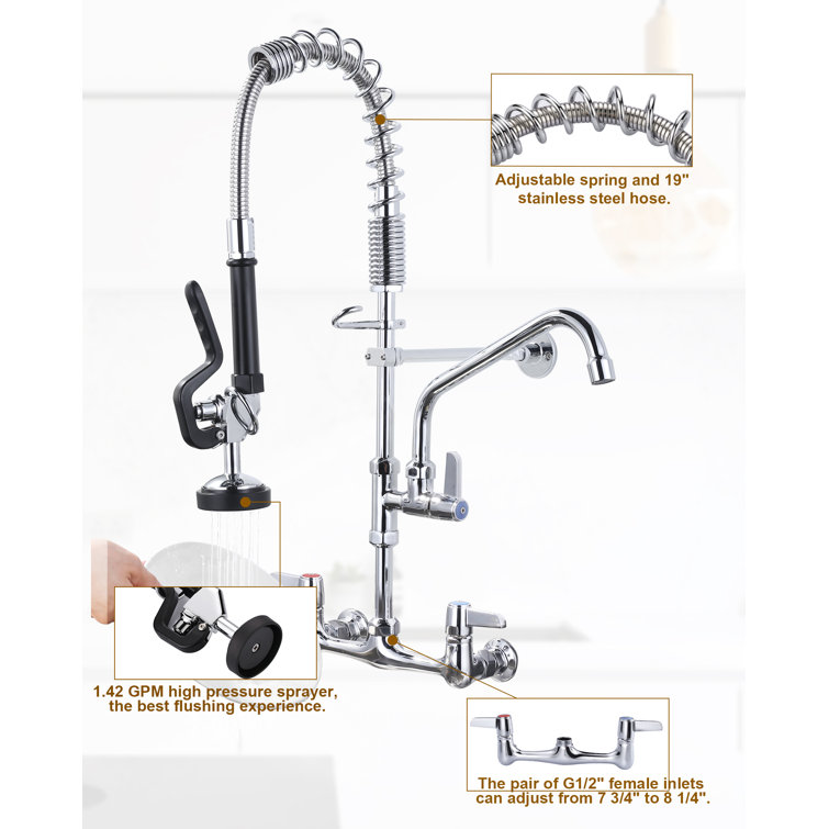 25-Inch Chrome Wall Mount Triple Handle Commercial Kitchen Faucet with Pull-Out Spray