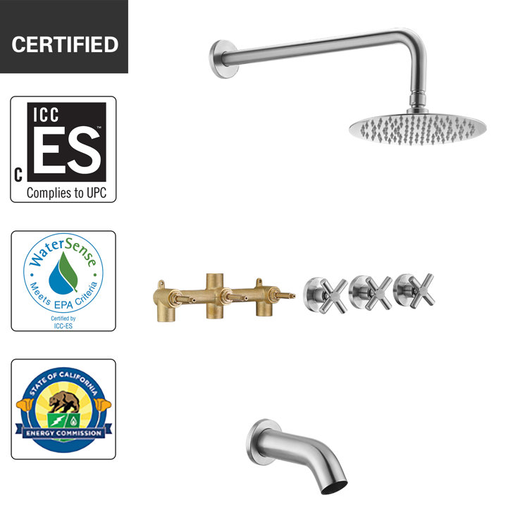 Brushed Nickel Rain Shower System with Triple Cross Handles