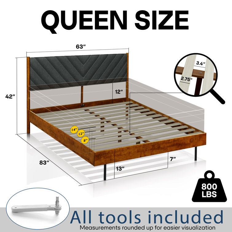 Caramel Solid Wood Queen Bed Frame with Gray Upholstered Headboard