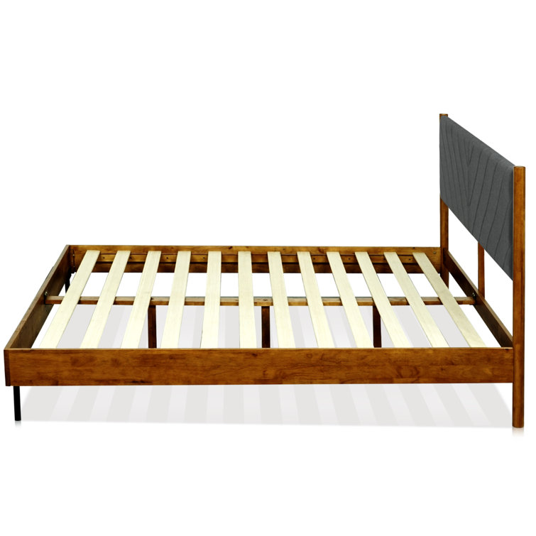 Caramel Solid Wood Queen Bed Frame with Gray Upholstered Headboard