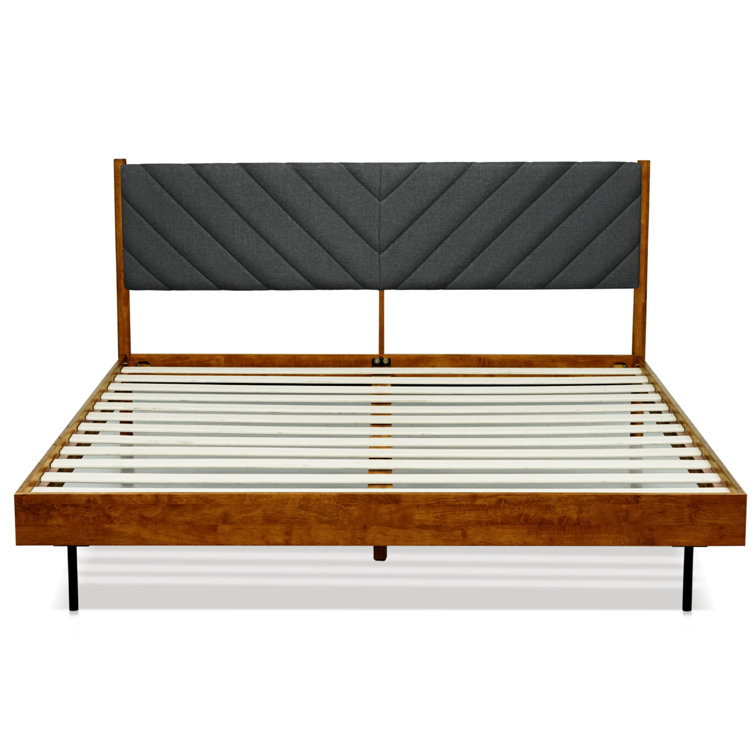 Caramel Solid Wood Queen Bed Frame with Gray Upholstered Headboard