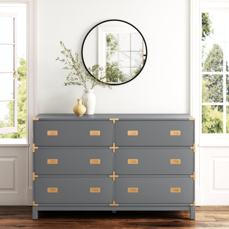 Kedric 6-Drawer Poplar Wood Dresser with Gold Accents in Gray