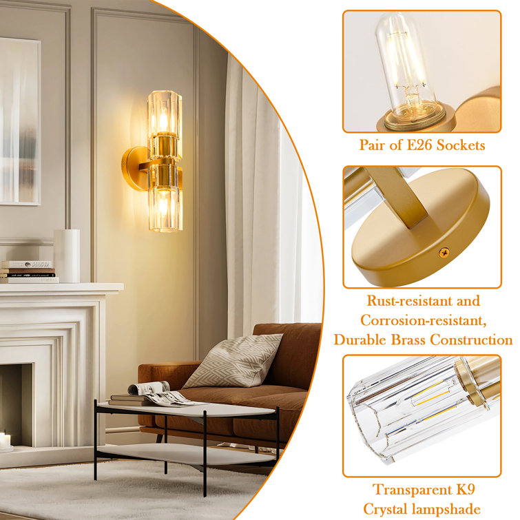 Gold Brass Double Light Sconce with Clear Glass Shades