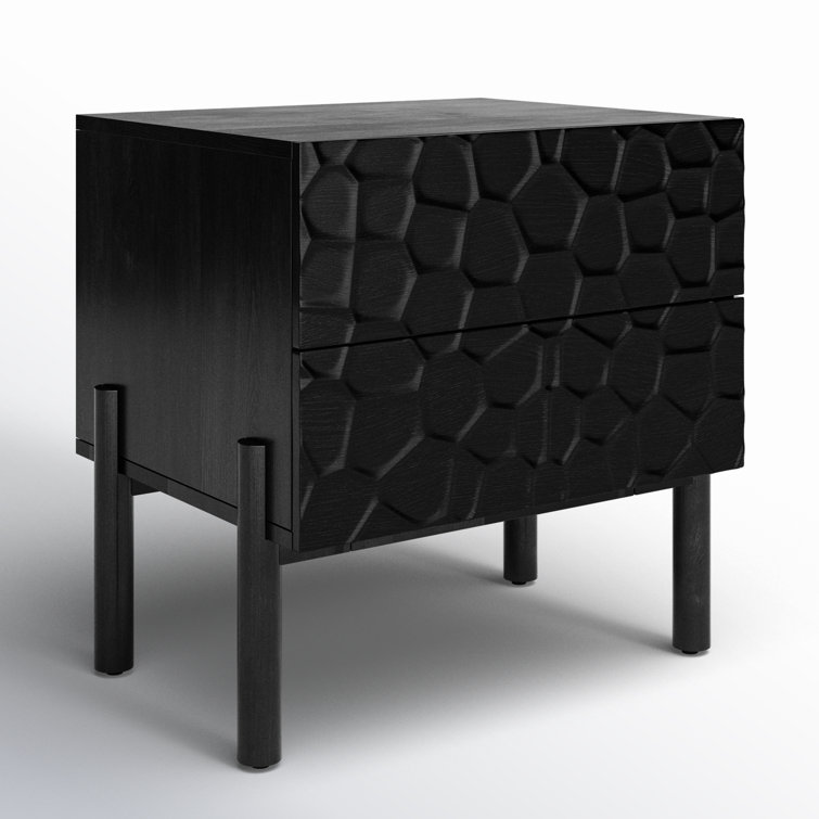Black Solid Wood 2-Drawer Nightstand with Carved Detailing