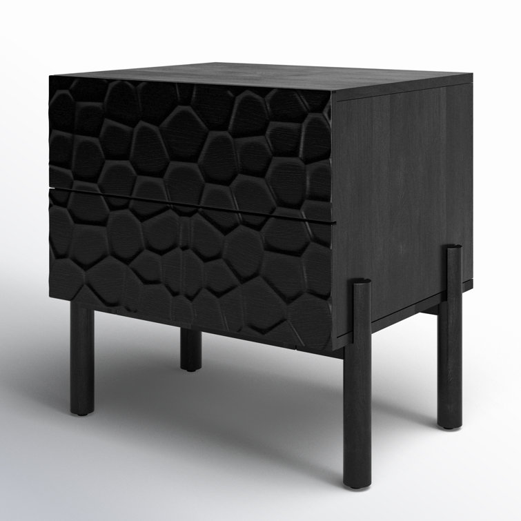Black Solid Wood 2-Drawer Nightstand with Carved Detailing