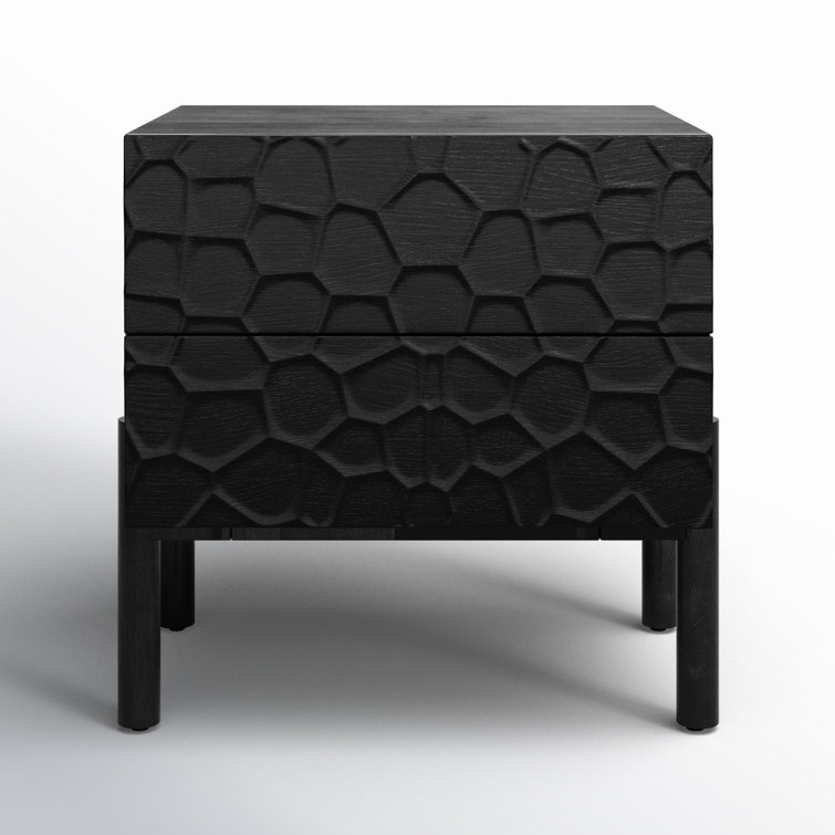 Black Solid Wood 2-Drawer Nightstand with Carved Detailing