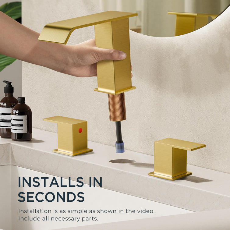 Brushed Gold Square Widespread 2-Handle Bathroom Faucet with Drain Assembly