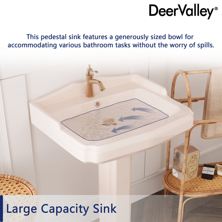 Bone Ceramic Rectangular Pedestal Bathroom Sink with Single Faucet Hole