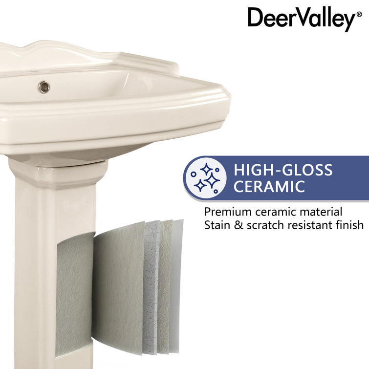 Bone Ceramic Rectangular Pedestal Bathroom Sink with Single Faucet Hole