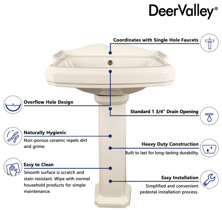 Bone Ceramic Rectangular Pedestal Bathroom Sink with Single Faucet Hole