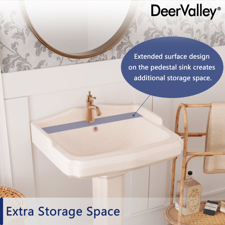 Bone Ceramic Rectangular Pedestal Bathroom Sink with Single Faucet Hole