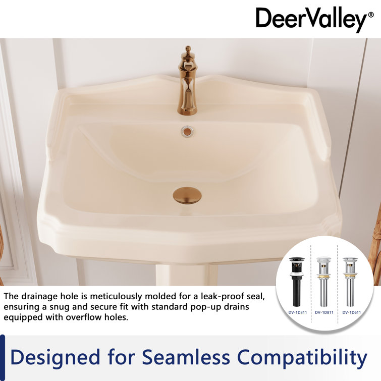 Bone Ceramic Rectangular Pedestal Bathroom Sink with Single Faucet Hole