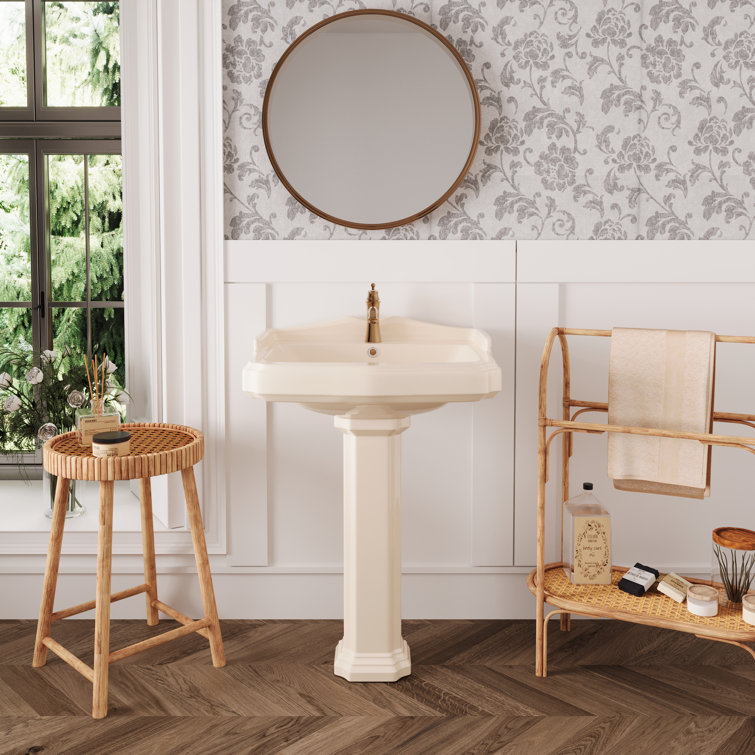 Bone Ceramic Rectangular Pedestal Bathroom Sink with Single Faucet Hole
