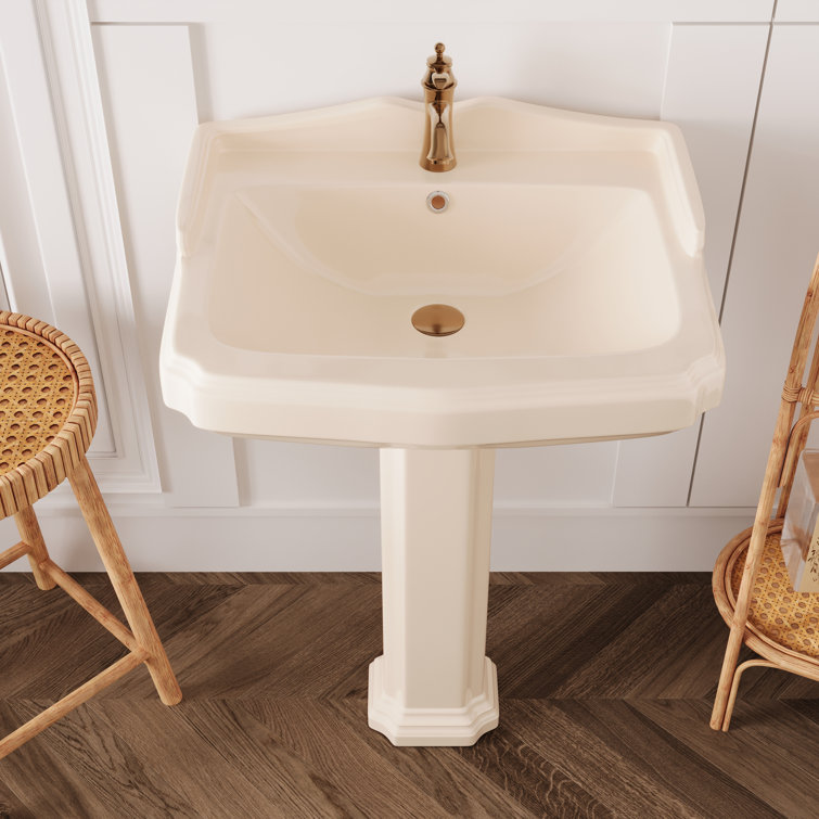 Bone Ceramic Rectangular Pedestal Bathroom Sink with Single Faucet Hole