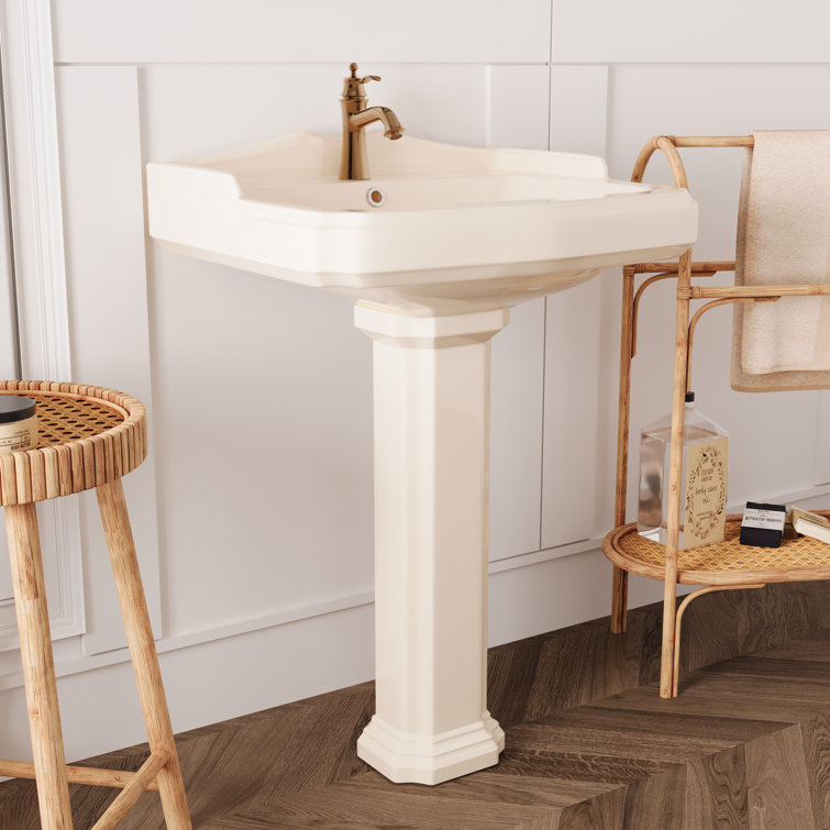 Bone Ceramic Rectangular Pedestal Bathroom Sink with Single Faucet Hole