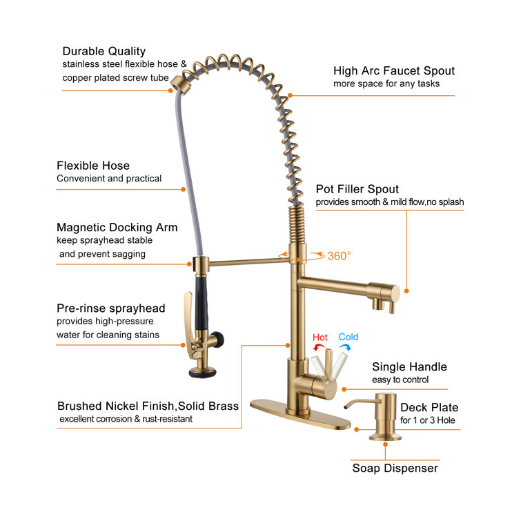 Brushed Gold Commercial High-Arc Kitchen Faucet with Pull-Out Spray