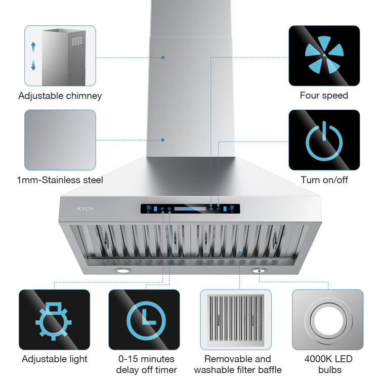 36'' Stainless Steel Convertible Wall Mount Range Hood with Charcoal Filter