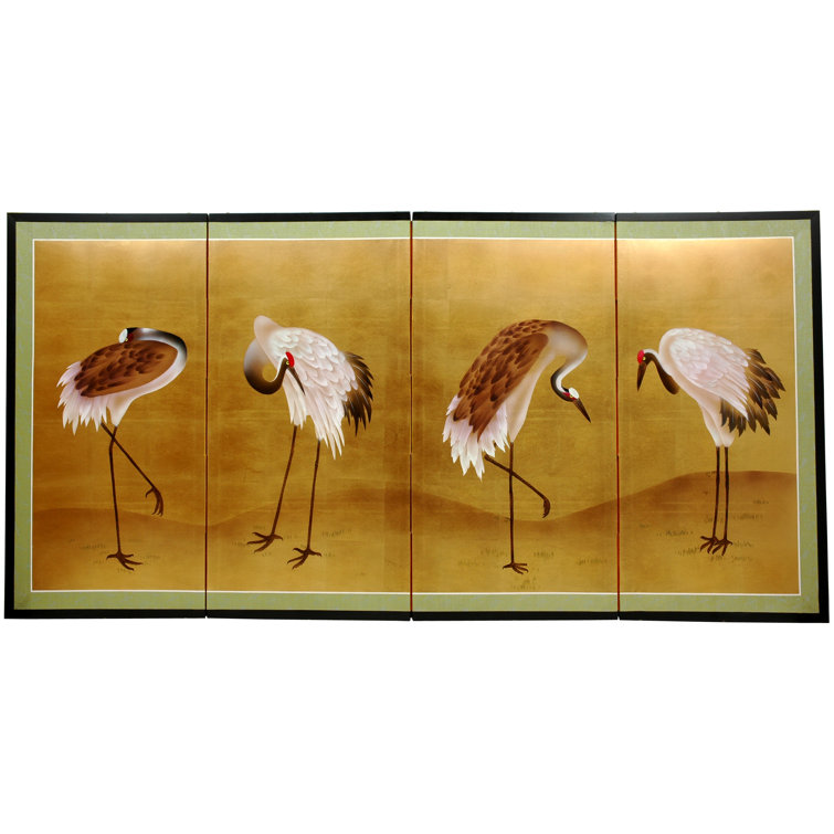 Hand-Painted Gold Leaf Cranes on Canvas Wall Art