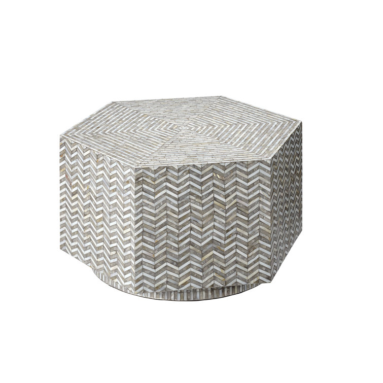 Grey Mother of Pearl Hexagon Coffee Table with Wood Base