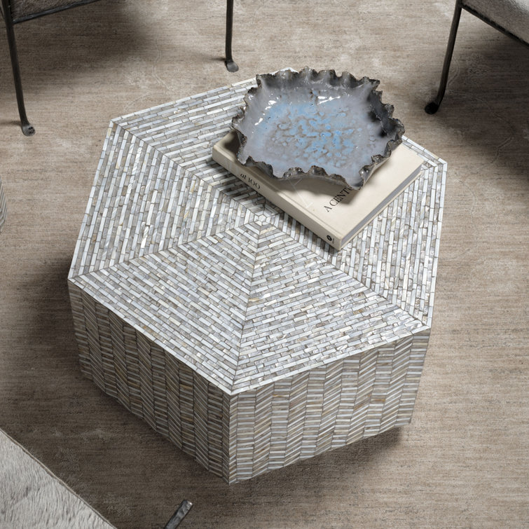 Grey Mother of Pearl Hexagon Coffee Table with Wood Base