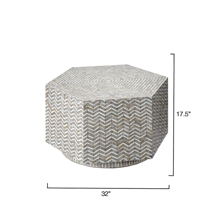 Grey Mother of Pearl Hexagon Coffee Table with Wood Base