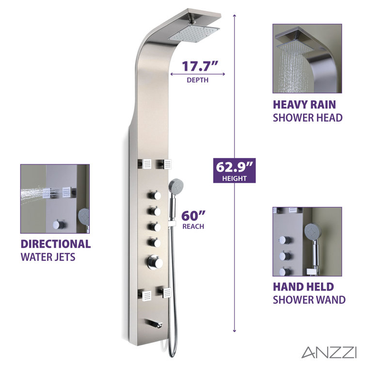 Echo 63.5'' Brushed Stainless Steel Shower Panel with Adjustable Jets