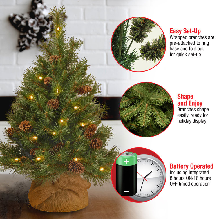 3ft Green Pine Artificial Christmas Tree with LED Lights and Burlap Base