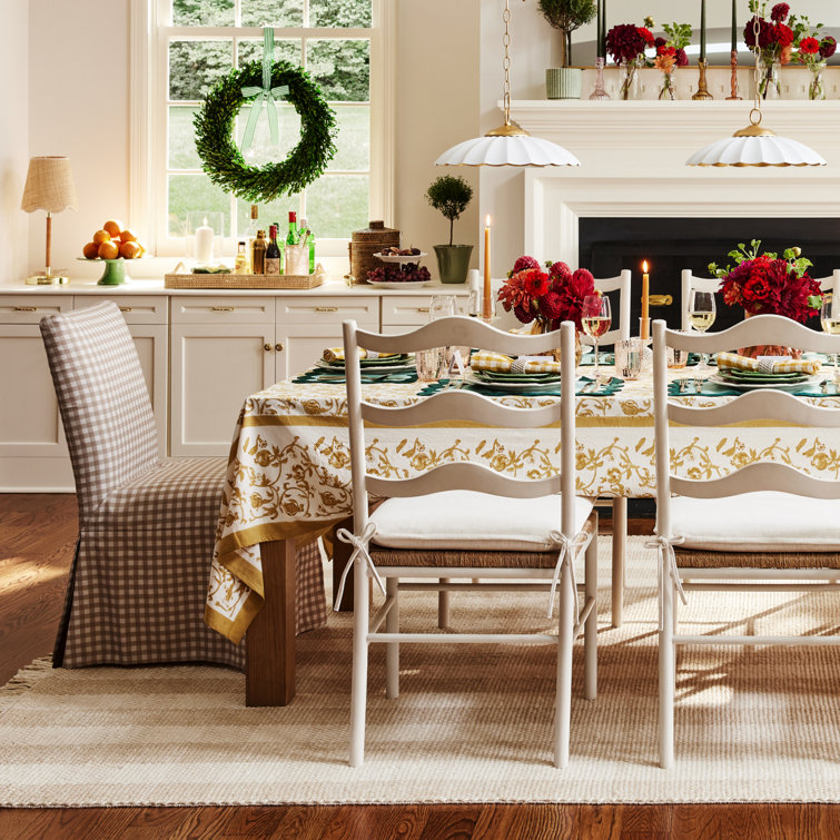 Mustard and White Floral Linen Rectangular Tablecloth