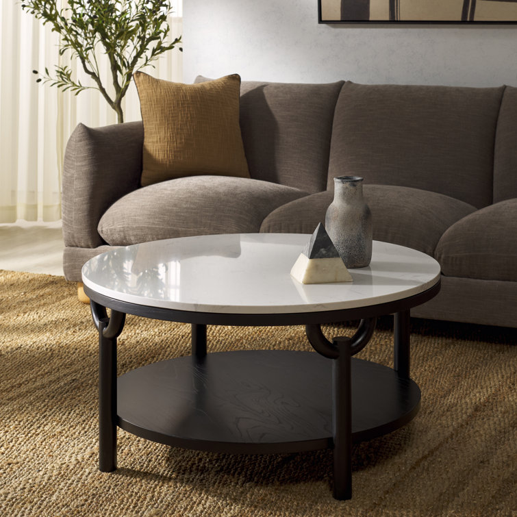 35" Elm Wood & White Marble Round Coffee Table with Storage