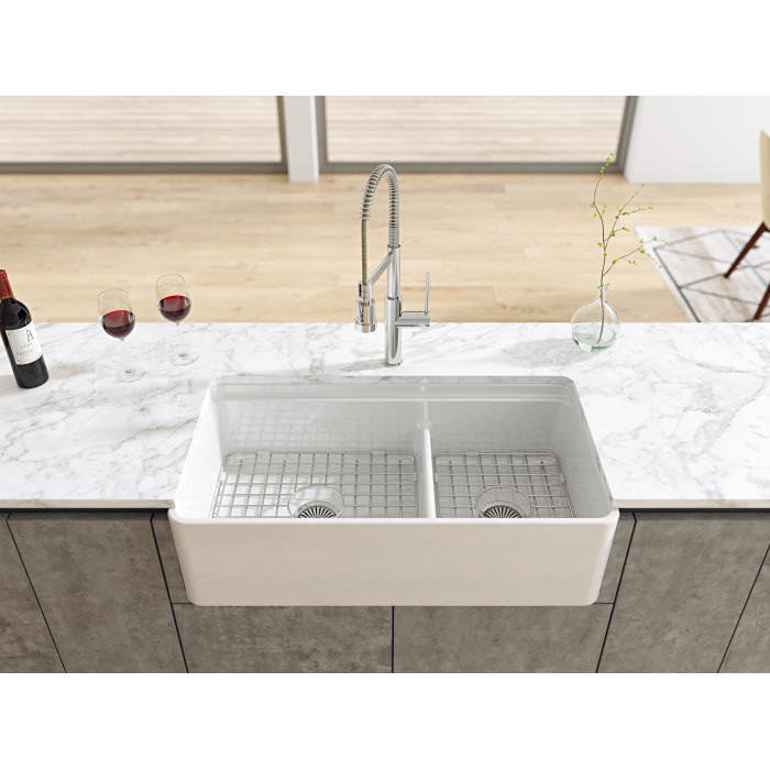 White Fireclay 36'' Double Bowl Farmhouse Sink