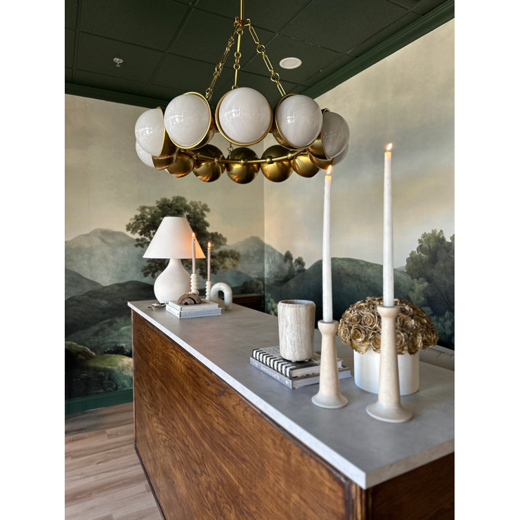 Vintage Brass and Cloud Glass 12-Light Drum Chandelier